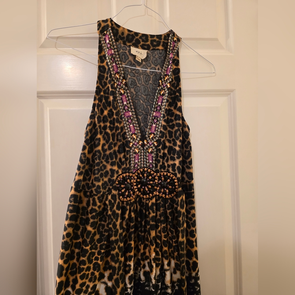 ECI Leopard Print Women's Dress with Pink and Brown Beading